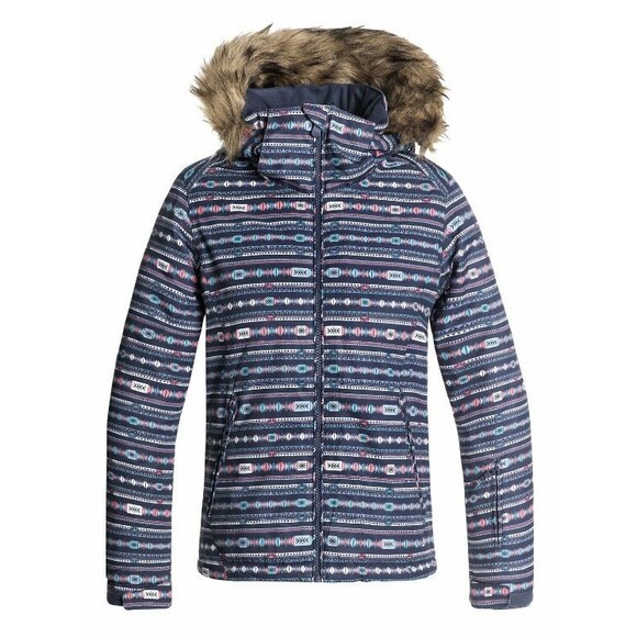 Roxy Girls Blue Tribal Aztec Print Faux Fur Trim Hooded Jacket Coat NEW Sz L 12 - Picture 1 of 3
